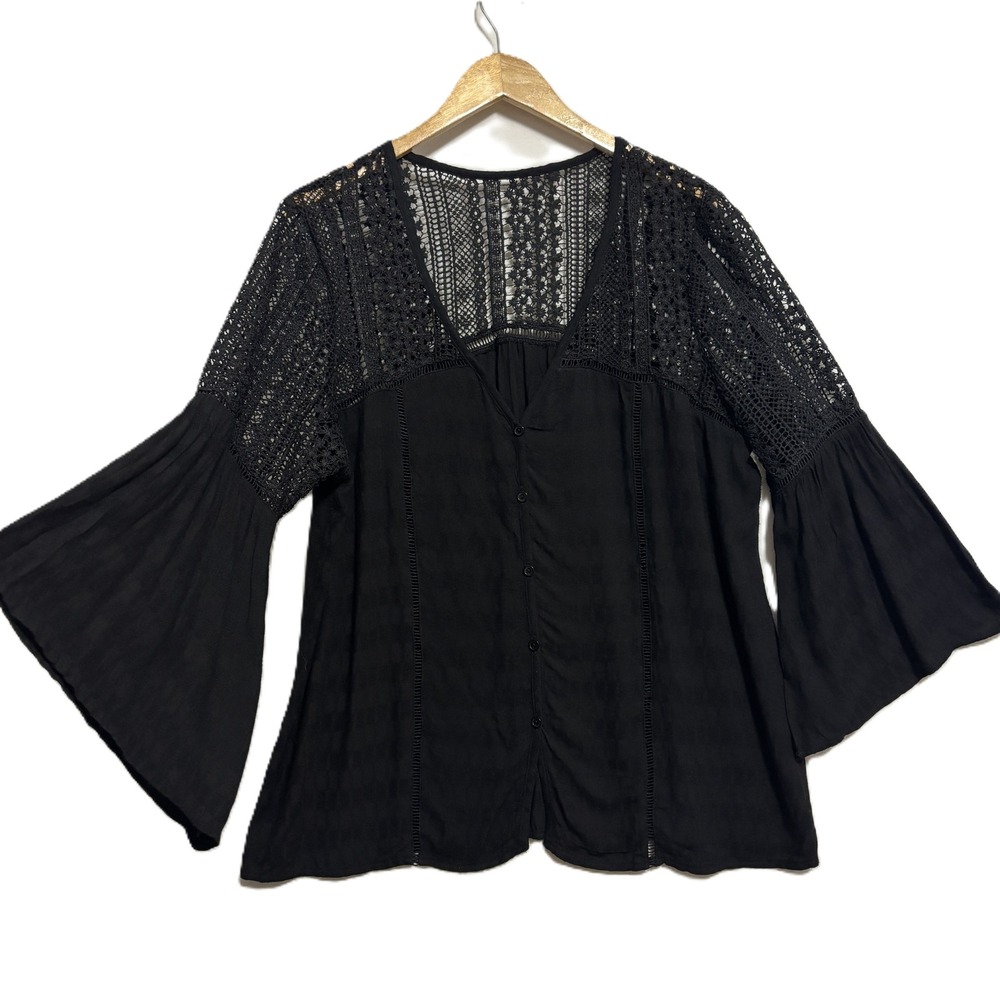 Bell Sleeve Blouse Black Crochet Lace Boho Peasant Festival Date Casual Hippie L - Picture 2 of 7